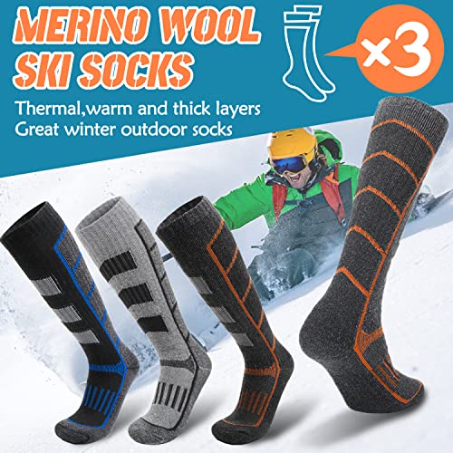 Antsang Mens Womens Merino Wool Ski Socks Thermal Warm Winter Thick Knee High Gift Socks 3 Pairs(Arrow Ski-Bright Colors & Grey,L) #TOP1