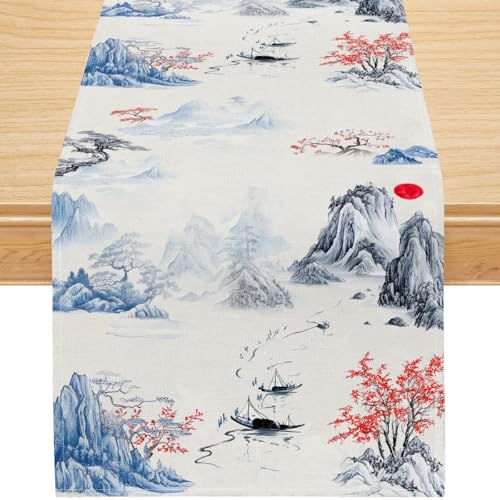 Image of Chinese Ink Mountain Table Runner,Zen Style Oriental Art Linen Table Decor with Blue Landscape & Red Trees for Buffet, Wedding Reception, Home Decor, Durable & Washable 13x90 Inch