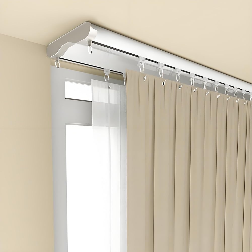 Système de rail de rideau à 2 voies avec rouleaux silencieux, rail de plafond réglable en aluminium de 0,5 à 6 m, pour rideaux coulissants, séparateur de pièce, gris, 1,7 m de long