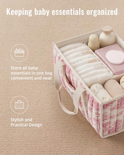 Image of Blissful Diary Toile Diaper Caddy Organizer, Stylish Nursery Storage Basket, Gift for Baby Shower, Newborn Essentials, Registry Search Must Haves, Pink Toile