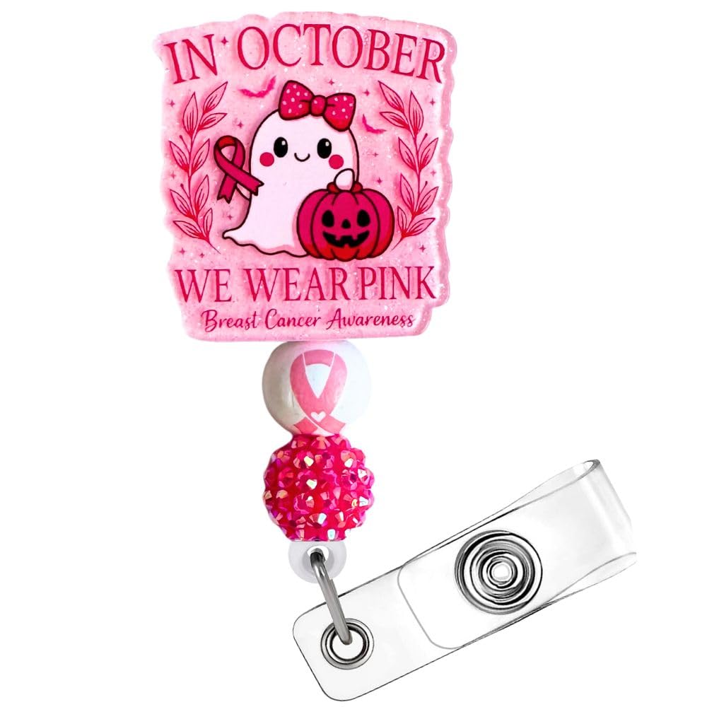 in October We Wear Pink Breast Cancer Awareness Badge Reel Ghost Halloween Hospital Clinic ID Name Holder Clip Fighters Support Survivors Accessories Gift for Healtcare Workers CNA Nurse Coworkers — image 1