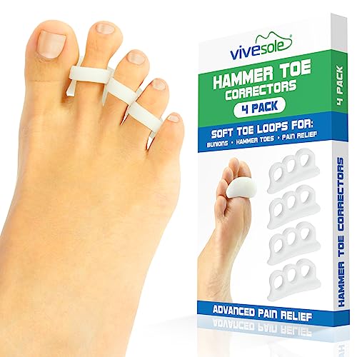 VIVEsole Hammer Toe Corrector for Men and Women (4pc) Cushioned Gel Straightener Loops - Toe Support Cushion Brace for Bunion Foot Relief, Feet Alignment, Curled, Claw, Crooked, Mallet Toes, 3 Loops