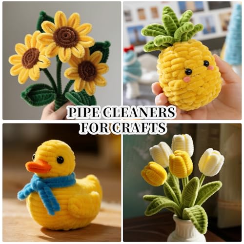 Image of Yellow Pipe Cleaners,Chenille Stems Pipe Cleaners Craft,Fuzzy Pipe Cleaners Bulk for Crafts,DIY Pipe Cleaner for Home Arts and Crafts Decorations Supplies,Home Decor Craft Supplies Flower kit