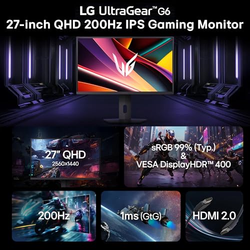 Image of LG 27G610A 68.4 cm (27 Inch) Ultragear QHD (2560x1440) IPS Gaming Monitor, 1ms (GtG), 200Hz, sRGB 99%(Typ.), Anti-Glare, HDR10, AMD FreeSync, DP, HDMI X 2, Tilt /Swivel /Height /Pivot Adjustable(Black)