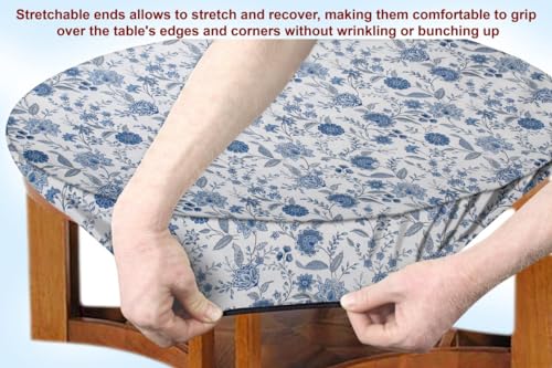 Image of The Furnishing Tree Elastic Cotton Round Center Table Cover 18x18 in Inches Floral Blue on White Base