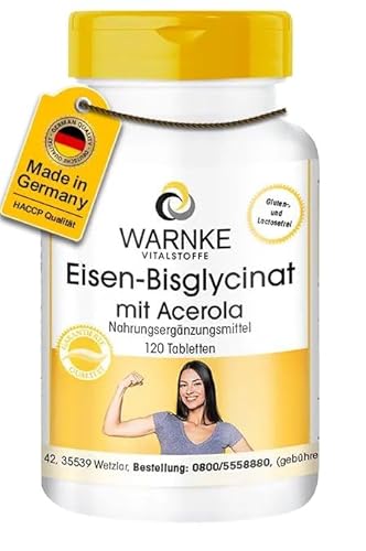 Eisen-Bisglycinat mit Acerola - 120 Tabletten 40 mg Eisen Elementargehalt aus eigener Herstellung - hochdosiert, vegan | Warnke Vitalstoffe - Deutsche Apothekenqualität