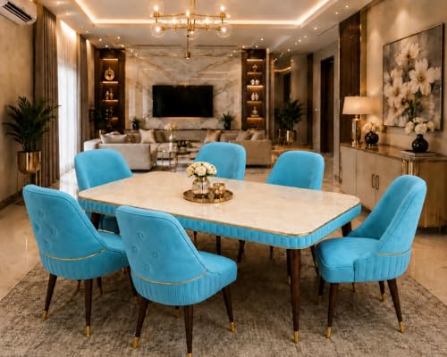 Image of WOODEN SPACE 6-Seater Wooden Dining Table Set | Nano Composite Marble Top | Solid Wood Base | Modern Dining Room Furniture with 6 Chairs (Sky Blue Grand Aura)