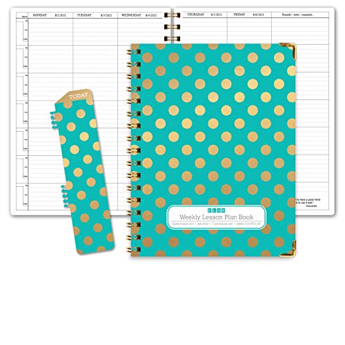 Elan Publishing Company HARDCOVER 7 Period Dated Teacher Lesson Plan; Days Horizontally Across The Top Dated for 2021-2022 Academic Year (D101) (+) Bonus Clip-in Bookmark (Gold Dots Torquoise)