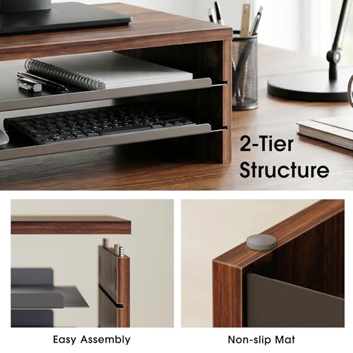 Image of Fenge Monitor Stand, 3-Tier Monitor Riser with Slide-Out Tray, Wooden and Metal Desktop Organizer for Home Office, Computer, Laptop, Printer, Telephone