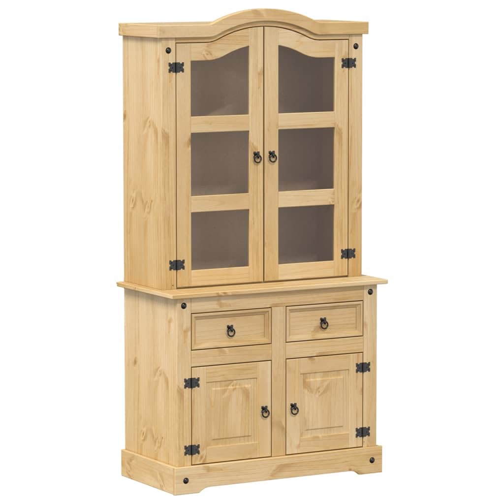 Vitrina Corona 100 x 48,5 x 179 cm, madera maciza de pino acabado en cera de miel, armario rústico con puertas de cristal, espacio de almacenamiento para colecciones, duradero, resistente