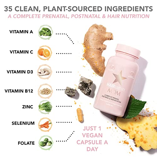 Hairtamin Mom Vegan Prenatal & Postnatal Multivitamin Supplement & Hair Vitamin Pregnancy, Postpartum, Breastfeeding Probiotic One-A-Day Hair Vitamins With Biotin, Zinc, Iron (30 Counts) #TOP2