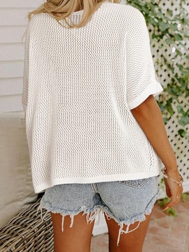 Womens Off Shoulder Tops 3/4 Sleeve Summer Crochet Pullover Sweaters Hollow Out Floral Printed Knitted Top3