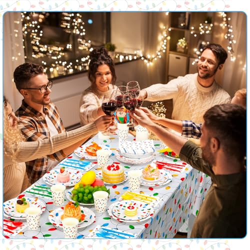 Image of Funnymoom 452 Pcs Christmas Party Decorations for 50 Guests, Colorful Christmas Lights Paper Plates Napkins Cups Tablecloth Cutlery Straws Disposable Tableware Set for Xmas Holiday Party Supplies