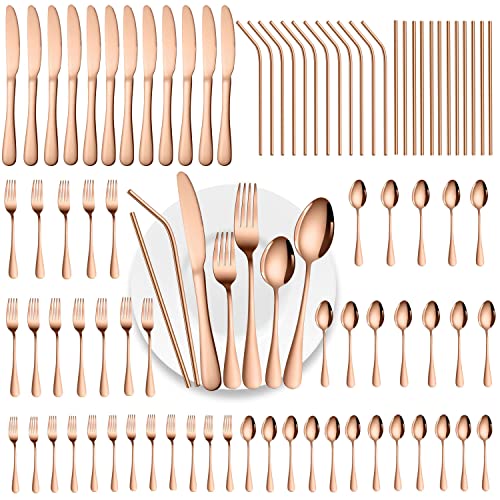 Gutuwellea 84 Pieces Mirror Rose Gold Silverware Service for 12 Flatware Set Stainless Steel Utensils Cutlery Set Dishwasher Safe
