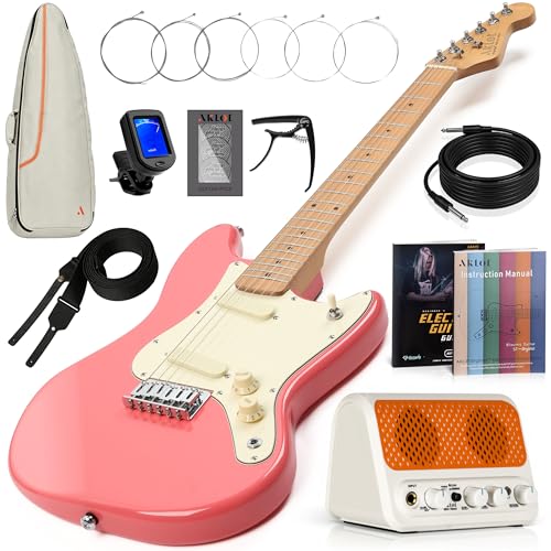 Image of AKLOT Mini Kids Electric Guitar: 3 /4 Size Guitar Kit for Beginners, 1.5in Narrow Neck for Small Hands, Easy to Play, Age 6-12, 36 inch, 10W Amp, Gig Bag, Strap, Cable, Picks & Lesson Book (Pink)