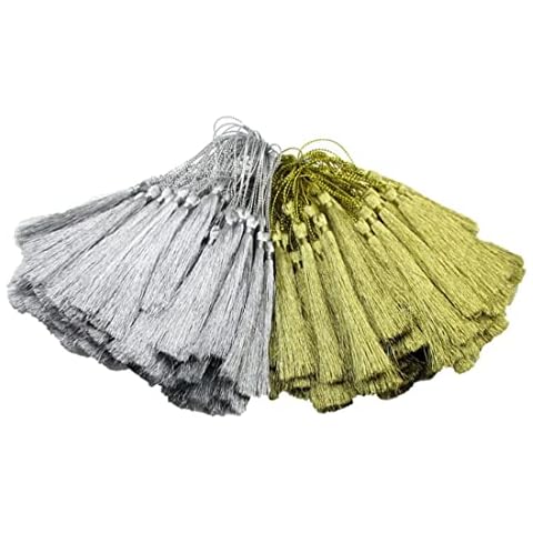 Quasten Silber,Gold 50 Stück Handgefertigte Seidige Mini Quasten Lesezeichen Quasten Tassels Anhänger Quastenborte Quasten Anhänger mit Seile Schlaufe Tassel Girlande für DIY Handwerk Cover