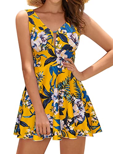 SHEKINI Traje de baño sexy de una pieza con escote en V profundo para mujer, con control de abdomen fruncido, Flor, S