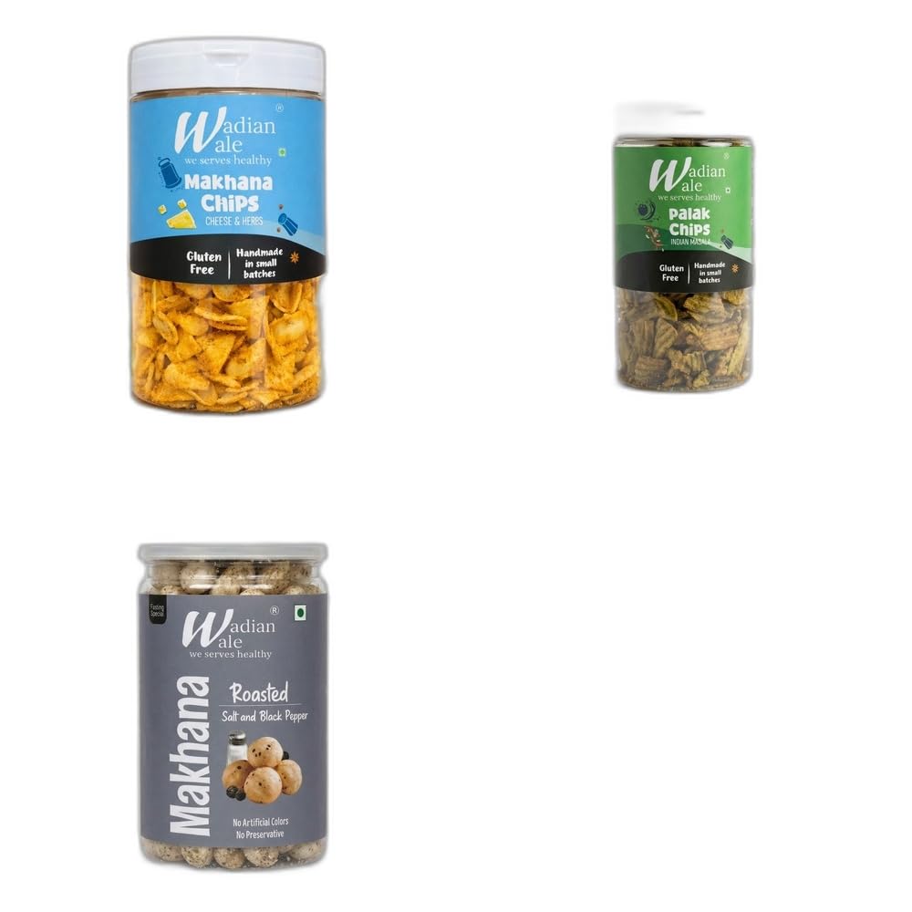 Wadianwale Healthy Diet Makhana Cheese & Herbs Gluten Free Chips & Palak Masala Gluten Free Chips & Roasted Salt & Black Pepper Makhana (Pack of 3)-image-46
