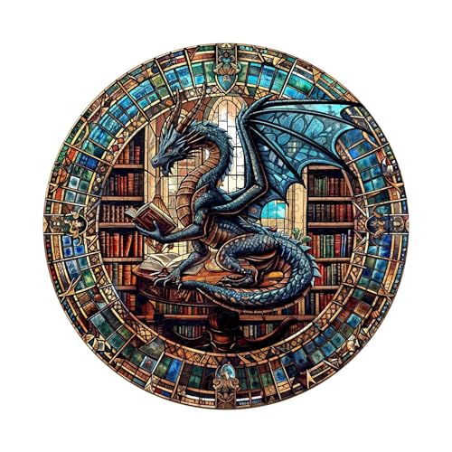 Jigfoxy Wooden Puzzles for Adults, Dragon's Library Wood Puzzles Adult, Unique Animal-Shaped Wooden Jigsaw Puzzles, Christmas Thanksgiving Gifts for Family and Friends (S-8.5 * 8.5in-100pcs)