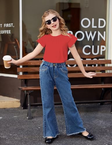 Image of Arshiner Girls T Shirts Ruffle Short Sleeve Summer Pleated Crewneck Casual Tops Tees Blouses