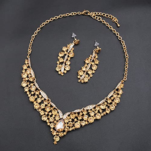 chaoyite Elegant Austrian Crystal V-Shaped Statement Necklace Earrings Set Bridal Wedding Prom Costume Jewelry For Bride Bridesmaid (Champagne) by chaoyite - Used condition - Image 3