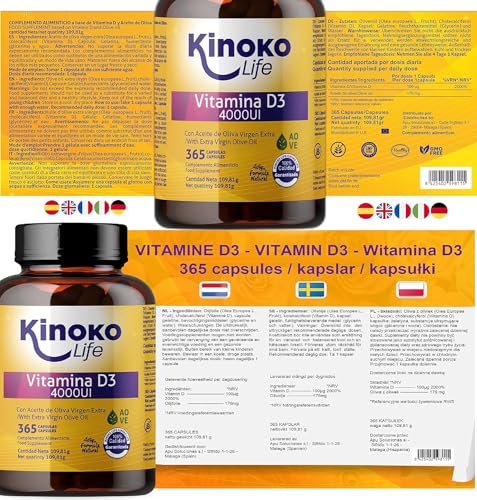 Vitamin D3 4000 IE mit 365 Kapseln. Natürliches Vitamin D-Cholecalciferol mit nativem Olivenöl extra. Für die Gesundheit und das Wohlbefinden unseres Körpers.
