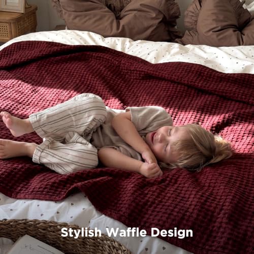Image of Bedsure Cooling Cotton Waffle King Size Blanket - Lightweight Breathable Blanket of Rayon Derived from Bamboo for Hot Sleepers, Luxury Throws for Bed, Couch and Sofa, Dark Red, 104x90 Inches