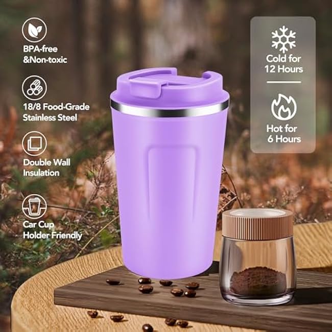 Volhoply 12 oz Double Wall Insulated Vacuum Travel Coffee Mug with Flip Lid Bulk 4 Pack,Reusable Stainless Steel Leak Proof Coffee Cup,Portable Thermal Tumbler for Hot&Cold Drinks(Assort Color,4 Set)