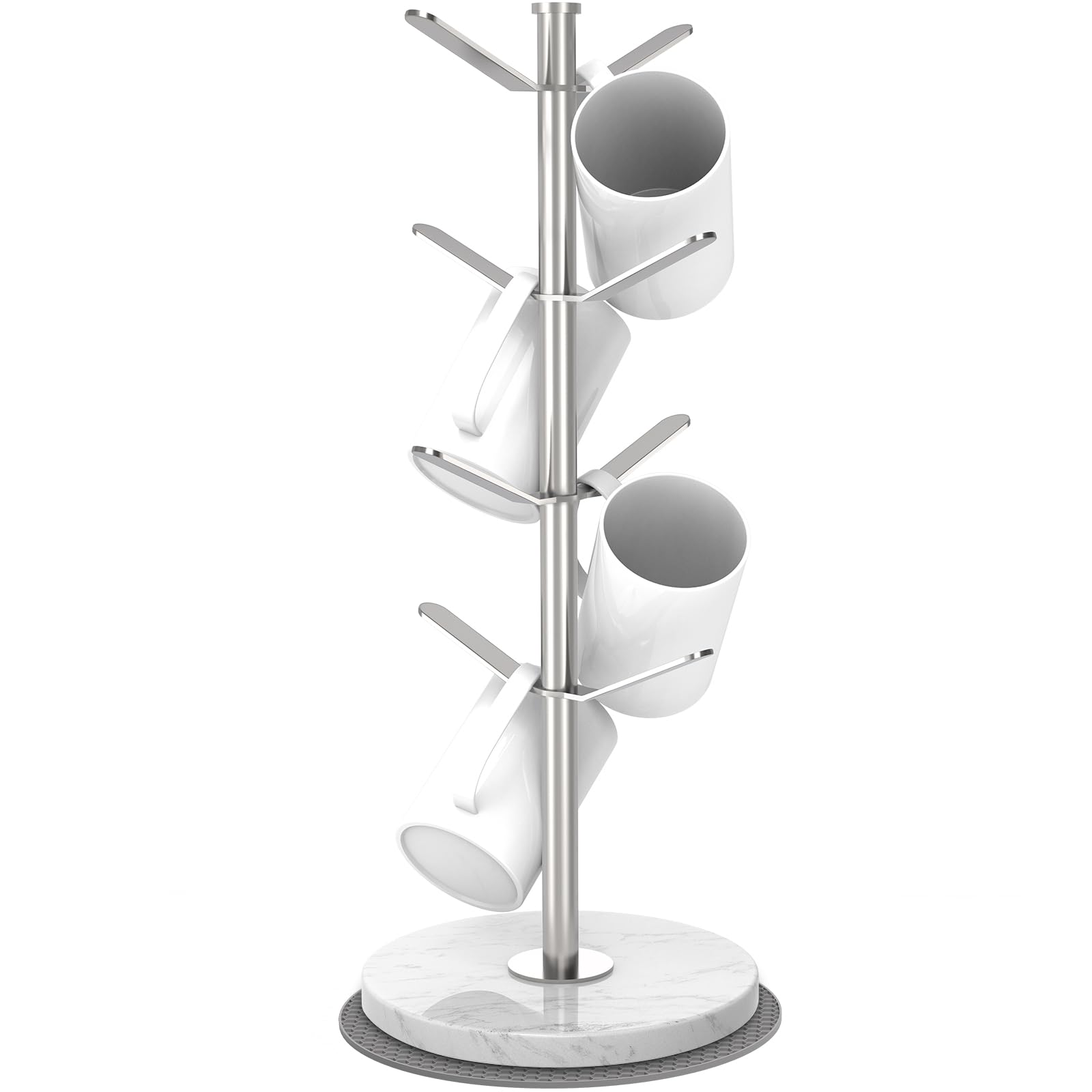 Marble Mug Holder Tree with 8 Hooks, Stainless Steel Coffee Cup Holder, Non-Slip Silicone Pads, Heavy Duty Marble Base, Countertop Organizer for Kitchen & Cafe, Silver