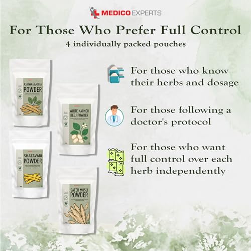 Image of Ashwagandha Powder, Safed Musli Powder, White Kaunch Beej, Shatavari Combo pack | Pure & Natural | For Energy & Natural Immunity | 100gm x4 (100gm each)