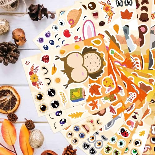 Image of 24 PCS Fall Stickers, Make-a-face Stickers,Autumn Animals Stickers for Kids | Make Your Own Animal Face Sticker Sheets, Thanksgiving Stickers for Party Favor Supplies Scrapbooking Crafts Classroom Gifts