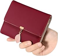 Vista 33 de UTO - Cartera pequeña RFID de piel sintética con dije de hoja, cierre de cremallera y tarjetero.