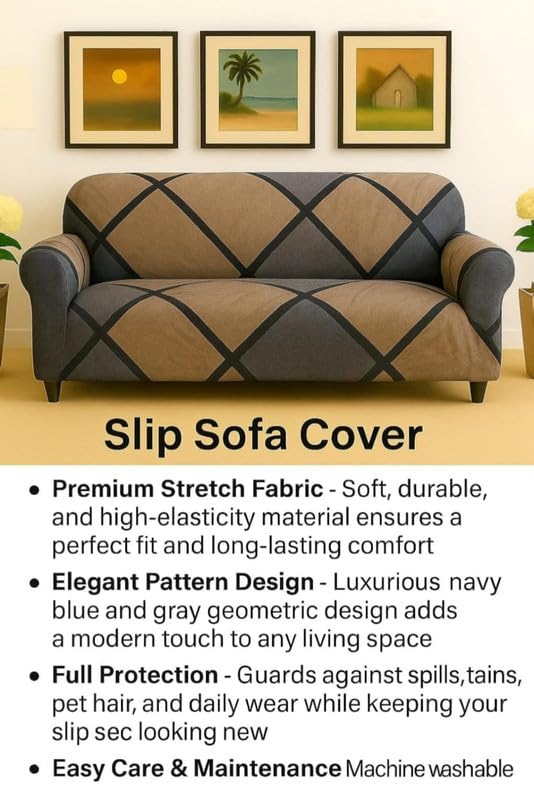 Image of HK 3 Seater Universal Elastic Sofa Cover | 360 Fully Covered Anti-Slip Washable Couch Cover Protector | 140 GSM Stretch Fit Polyester + Spandex Slipcover (180-230cm /SC-014-03)