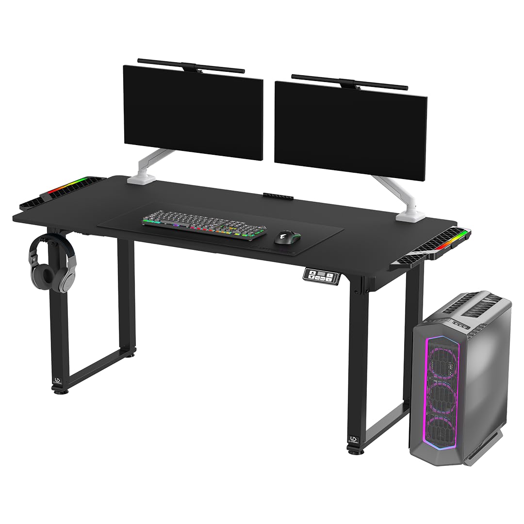 ULTRADESK Uplift V2 Schreibtisch für Spieler Gaming Tisch Stahlkonstruktion, Platz für DREI Monitore, Elektrische Höheneinstellung, mit RGB-LED, Inklusive Zubehör, 176 x 75 cm, Schwarz