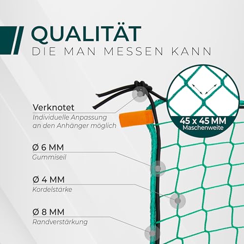 CargoVA® Intelligentes Anhängernetz 2,3x2,3M [DEKRA Geprüft] - Pritschennetz mit Gummiseil und Eckenmarkierung - zur perfekten Ladungssicherung