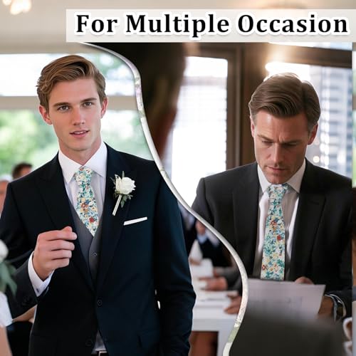 Image of Luckyvestir Ties for Men, Sage Green Cotton Floral Tie 2.76 inch Flower Printed Men's Neckties for Wedding /Groomsmen /Suit /Party