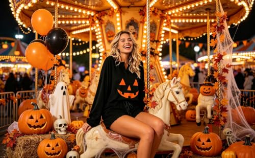 Image of Roshop Halloween Pajama Women's Pumpkin Matching Top & Shorts Loungewear Set