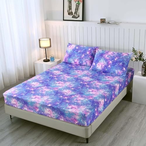 Sdiii 3Pcs Colorful Space Fitted Sheet Set Twin, 1 Fitted Sheet And 2 Pillowcases, Bed In A Bag Galaxy Fitted Twin Sheet cover