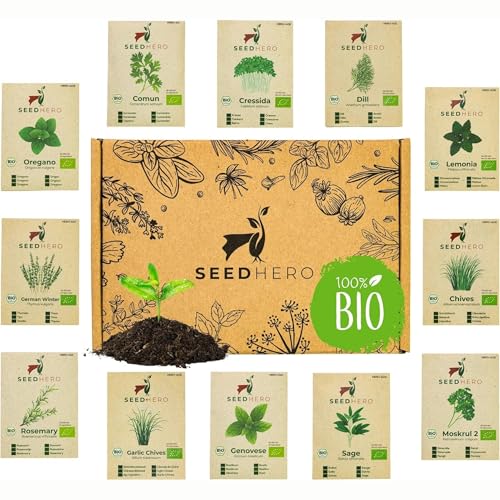 Deine Gartenwelt Seedhero BIO Kräuter Samen Set - 12 Kräutersamen aus biologischem Anbau samenfestes Saatgut Küchenkräuter und Gartenkräuter Set mit Basilikum Dill Kresse Petersilie