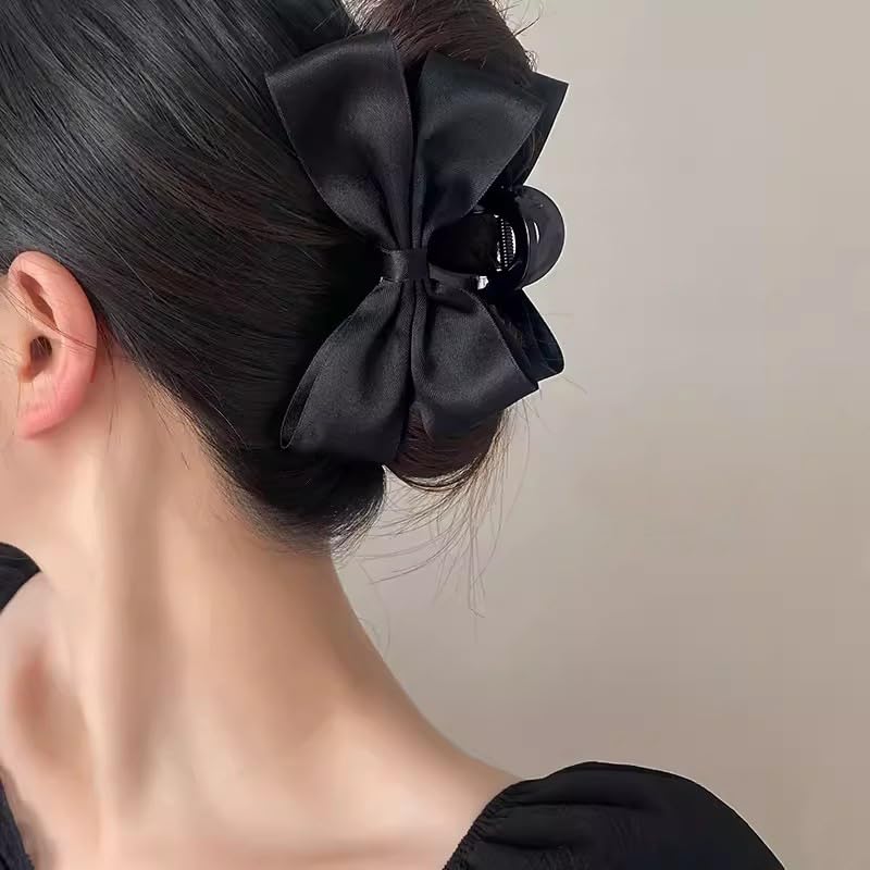 Black Hair Bows Claw Clips for Women Girls Bowknot Hair Claw Jaw Clips Barrettes for Thick Thin Hair Nonslip Bow-knot Claws Clamps Large Satin Hair Bow Clip Strong Hold Hair Claws - Image 3