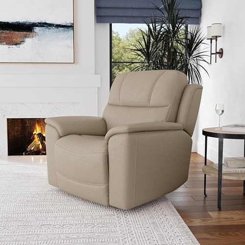 Flexsteel Crew Transitional Power Recliner with Power Headrest and Lumbar, Leather, Light Tan