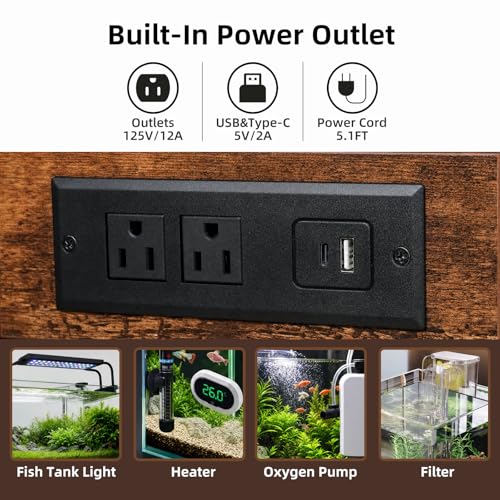 Image of 40 Gallon Tank Stand with Power Outlets - Heavy Duty Metal Fish Tank Stands for Turtle Reptile Terrarium, 2-Tier Aquarium Stand with Adjustable Wood Storage Shelf, 660LBS Capacity (Rustic Brown, 36.6 inchx18.5 inchx29 inch)