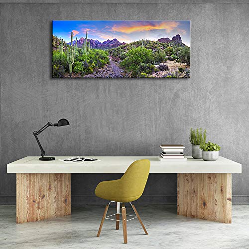 Klvos Cactus Landscape Wall Art Colorful Sunset With Saguaros In North American Sonoran Desert Painting Gallery Wrapped Botanical Cactus Picture Framed For Living Room (20"X48", Saguaro Cactus) #TOP4