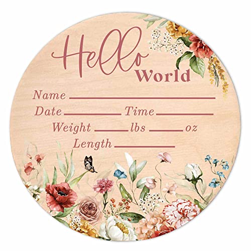 Image of Hello World Wood Newborn Baby Birth Announcement Sign - 6 Inch Round - Butterfly Boho Floral - Shower Gift - Nursery Decor