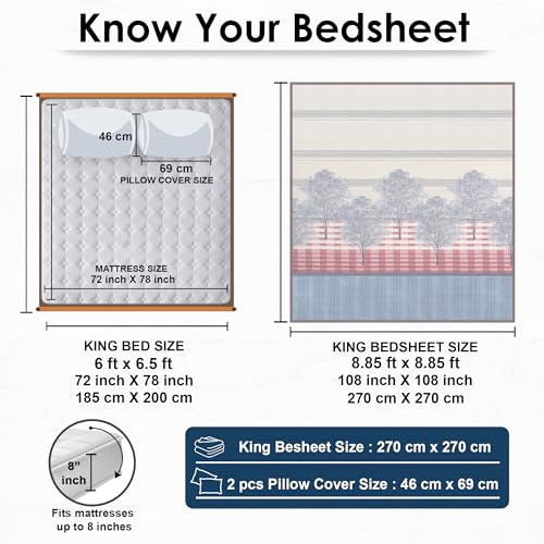 Image of Story@Home Bedsheet for King Size Bed Fine Cotton Luxurious Soft Comfort Tree Pattern King Size Bedsheet & 2 Pillow Covers - (270 X 270 Cm) Blue & Cream | Perfect for Diwali Gifting-260 TC