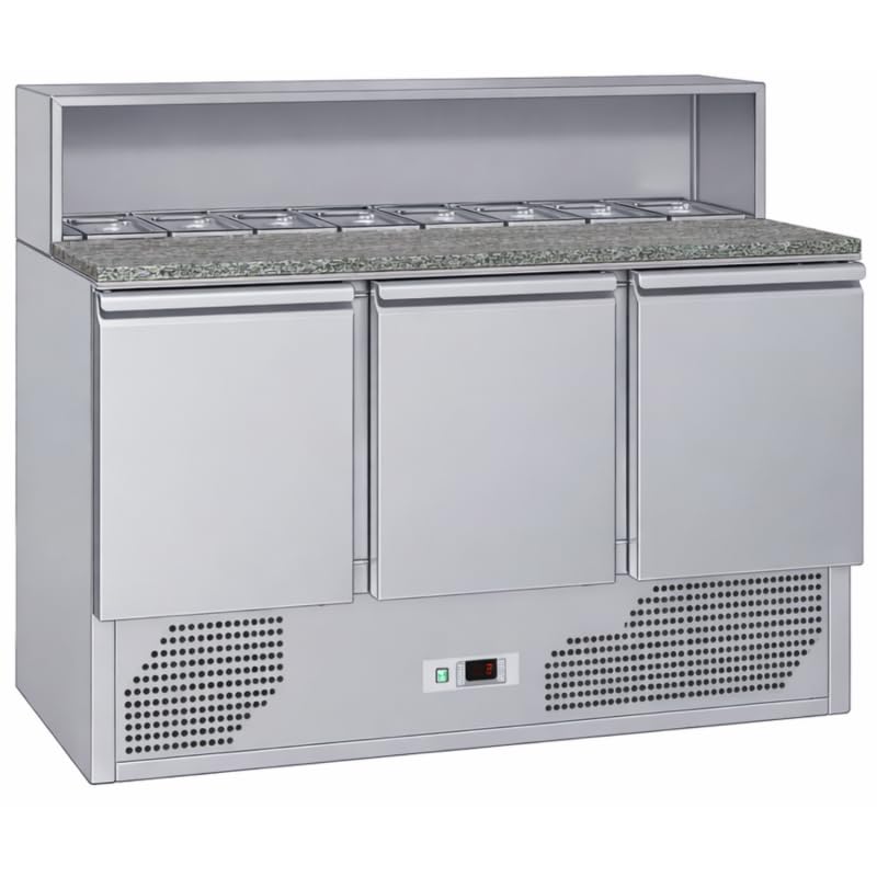 Torre de Pizza Refrigerada 3 Puertas – Encimera de Granito – Top con ingredientes GN 1/6 – 330L – Temperatura -2°/+8°C – Ideal para Pizzerías y Restauradores