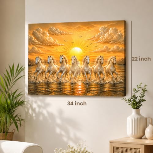 Image of PAINTINGMANTRA 7 White Running Horses Canvas Wall Art Painting For Living Room|Seven Running Horses Vastu Stretched Canvas Painting For Bed Room, Home & Office, 22x34 Inch