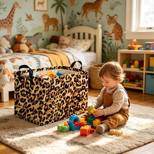 Image of Rectangular leopard print baskets,Kids Storage Bins,Collapsible Canvas Waterproof Storage Bin for Girls,Cute Organizer Box,Book baskets,baby room Decor(Leopard Print)