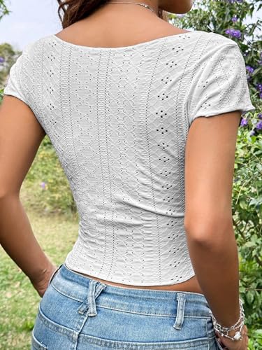 Image of Sugathari Girl's & Women's Beige Eyelet Embroidery Knitted Square Neck Casual Slim Fit Women T-Shirt, Short Sleeve Schiffli Crop Top, Solid Color Tee for Spring /Summer Outfits (Crop Top 195)