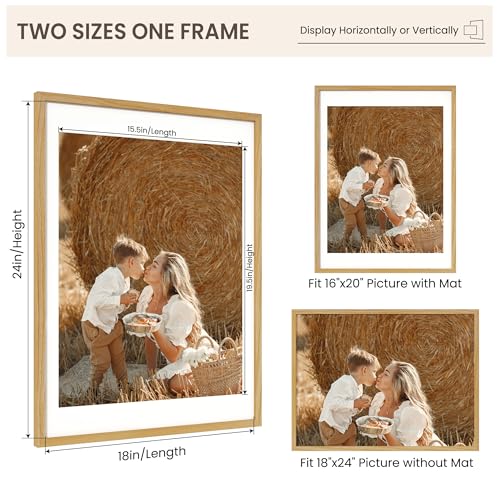 Image of FLYJOE 18x24 Oak Wood Picture Frame with Mat for 16x20, 18 by 24 USA-Sourced Natural Solid Wooden Poster Frame for Wall Display, Tempered Real Glass, Hanging Hardware Included, 3 Pack, Natural